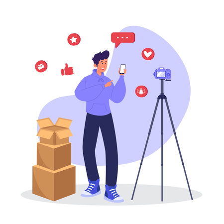male video content creator unboxing and review a product live on studio.のイラスト素材