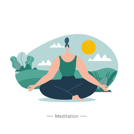 Woman meditating in nature flat vector illustration. yoga, meditation, relax, healthy lifestyle concept illustrationのイラスト素材