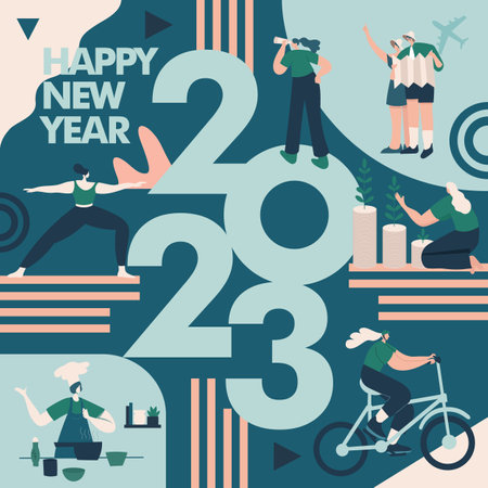 Happy new year 2023. 2023 Goals and resolutions concept illustration. tiny people having fun with their goals in 2023.のイラスト素材