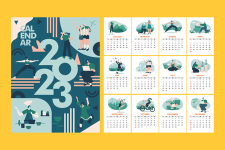 Modern and stylized monthly 2023 calendar with Goals and resolutions 2023 concept illustrationのイラスト素材
