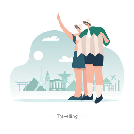 Travelling concept vector illustration. young couple going to go on vacation.のイラスト素材