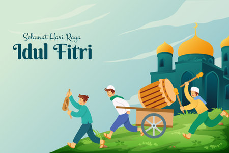 elamat hari raya Idul Fitri, translation: happy eid mubarak with a group of youngster parading a big wooden drum to to celebrate eid mubarak in the nightのイラスト素材