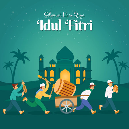 Selamat hari raya Idul Fitri, translation: happy eid mubarak with a group of youngster parading a big wooden drum to to celebrate eid mubarak in the nightのイラスト素材