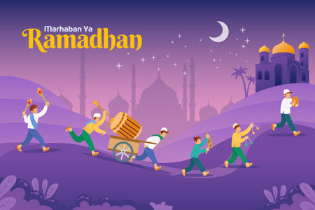 Marhaban Ya Ramadhan, translation: Welcome Ramadan with Betawi tradition called Ngarak Bedug (parading a big wooden drum to wake up neighbors for sahur(predawn meals) during the Ramadhan fasting monthのイラスト素材