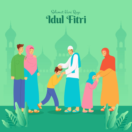 Selamat hari raya Idul Fitri is another language of happy eid mubarak in Indonesian muslim family blessing Eid mubarak to grandparents on green backgroundのイラスト素材