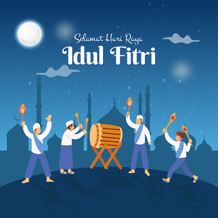 Selamat hari raya Idul Fitri, translation: happy eid mubarak. young man hitting bedug or drum for celebrating eid al fitrのイラスト素材