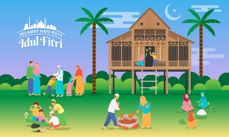 Selamat hari raya Idul Fitri is another language of happy eid mubarak in Indonesian. Greeting card with variant activity of Muslim peoples celebrating Eid al-Fitr in the village