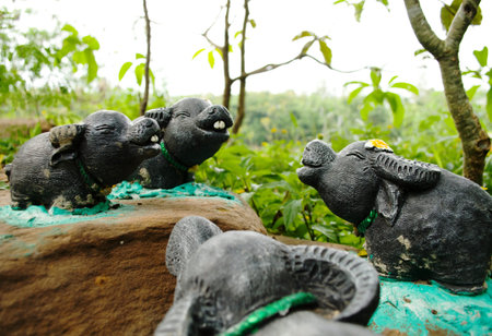 Cute black buffalo statue in nature light