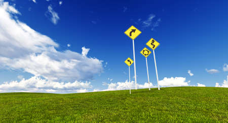 Signs in a meadow with blue skyの写真素材