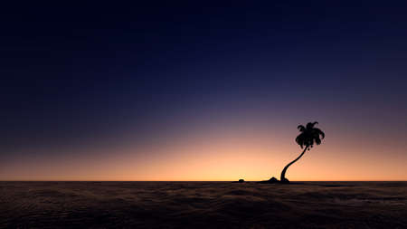 silhouette tree in the island with sunset beachの写真素材
