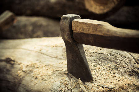 Carpenters using ax lace on the timber.の写真素材