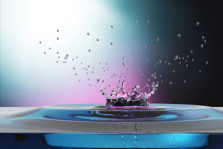 blue water drop on water clean with colorful backgroundの写真素材