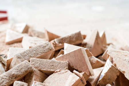 wooden splinter cut and sawdust in sawmillの写真素材