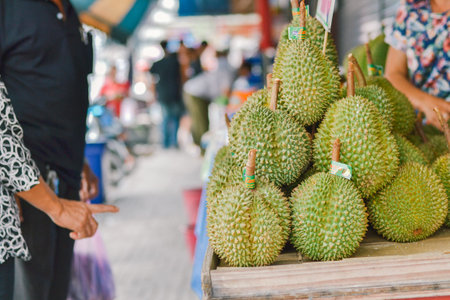 Durian fruit on shelf at vegetable marketの写真素材