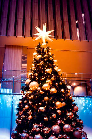 ball and light bulb on christmas treeの写真素材