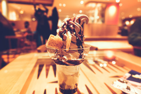 ice cream with warm light in restaurant
