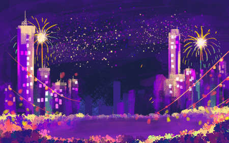 illustration Building and fireworks for Happy new yearの写真素材