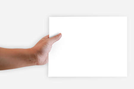 Left hand of a man holding blank whie office paper.の写真素材