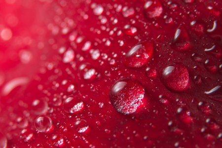 Macro background of water drops on red rose petals.