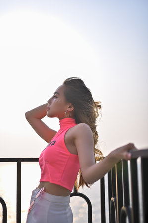 Portrait of a beautiful woman, a pink shirt, a white skirt, a dress on Valentine's Day