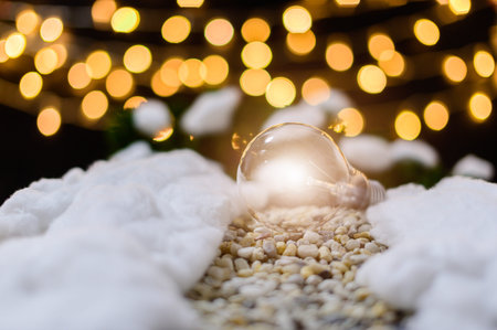 Merry christmas gift box snowy night background