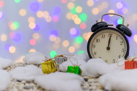 Merry christmas gift box snowy night backgroundの写真素材
