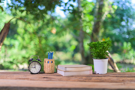 Books, stationery supplies are at the desk.