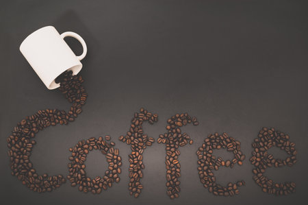 Love drinking coffee, Coffee beans line up the word coffeeの写真素材