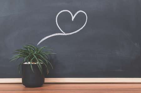 Plant pots and heart shapes on the blackboardの写真素材