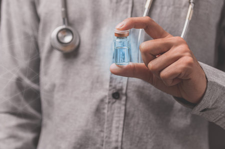 The doctor holds a vaccine bottle to kill the disease.の写真素材