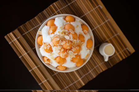 Bingsu shaved ice with melon fruitの写真素材