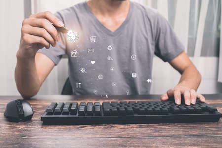 man using electronic pen in choosing working icon illustrationの写真素材
