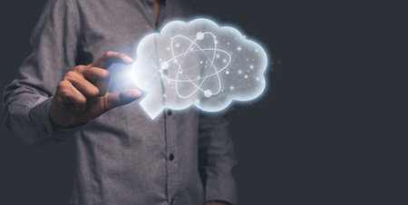 hand holding symbol brain representing scientific ideas illustration