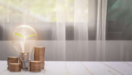 Growing Money, business finance and saving money investment , Money coin stack growing graph, plant growing up on coins. Balance savings and investment illustrationの写真素材