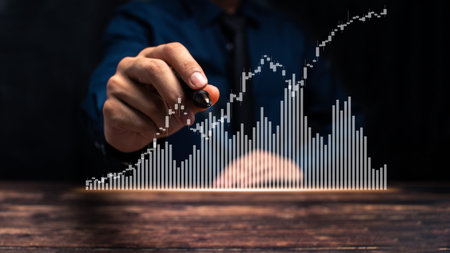 Business growth, progress or success concept. Businessman or trader is showing a growing virtual...