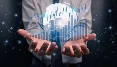 businessman investing in stocks display hologram graph business growth illustration