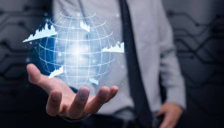 businessman investing in stocks display hologram graph business growth illustrationの写真素材