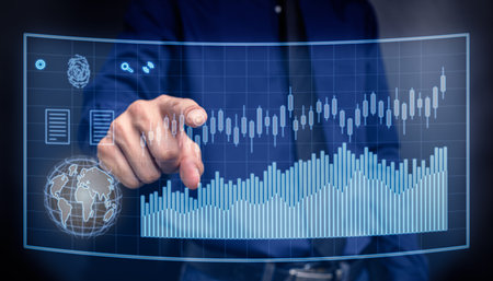 businessman showing hologram display stock investment growth graph