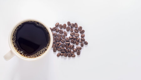 coffee mug, coffee beans, white background scene
