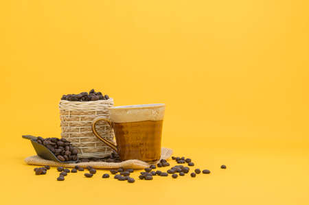 Coffee mugs and coffee beans, energy drinksの写真素材