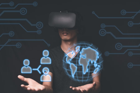 Businessman using glasses via glasses to check business graph VR glasses virtual Global