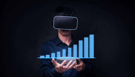 Businessman using glasses via glasses to check business graph VR glasses virtual Global .3Dの写真素材