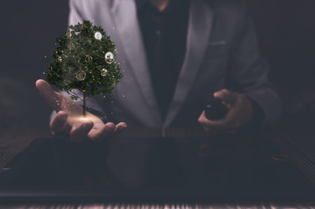 Hands holding a tree growing on coins Invest in stocks, save money, grow financially 3d illustration...