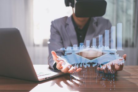 businessman graph display investment stock income financial growth 3d illustration metaverse Virtual Worldの写真素材