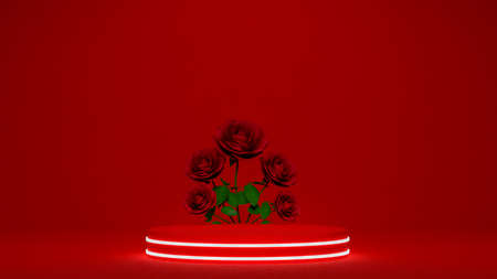 Empty background and 3d stand heart display or shelf with studio for showing or design concept. Blank backdrop Realistic 3D render Valentine day of loveの写真素材
