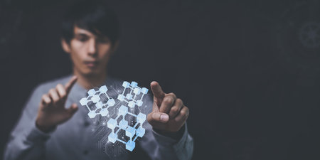 Businessman explore metaverse technology with blockchain network connecting