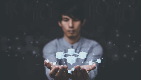 Businessman explore metaverse technology with blockchain network connectingの写真素材