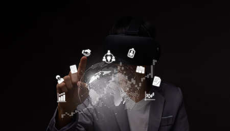 Startup concept with icon business and network connection on modern 3d illustration metaverse Virtual Worldの写真素材