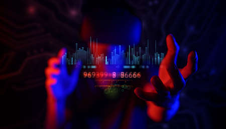 glasses of virtual reality. Augmented reality, game, future technology concept. VR simulated world of metaverse body posture futuristic dressの写真素材