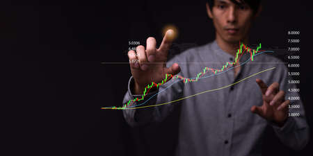 Stock trading chart, invest, crypto financial chart with uptrend line candlestick graph in stock marketの写真素材